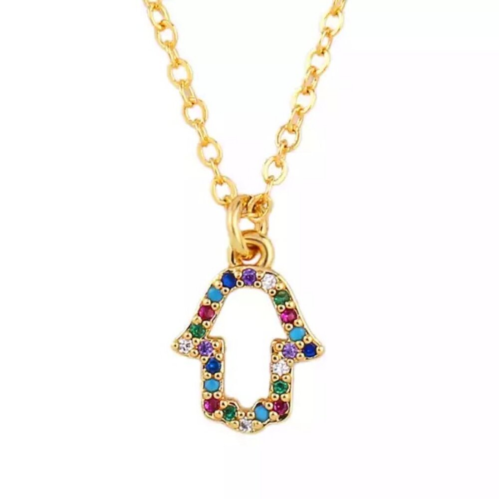 18K Gold Plated Hand Necklace | Colorful Cubic Zirconia